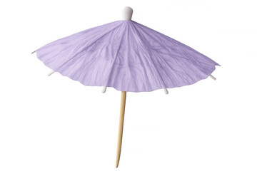 Miniature purple cocktail parasol resting against white backdrop, lending decorative flair to tropical drink presentation