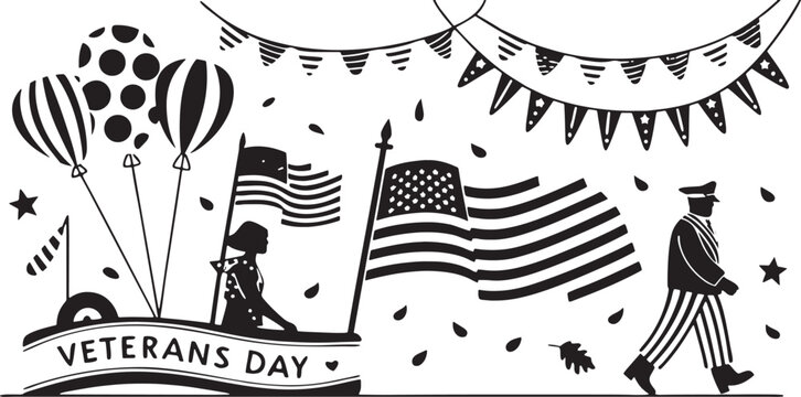 Black and white illustration of a Veterans Day parade with flags and balloons American flag
