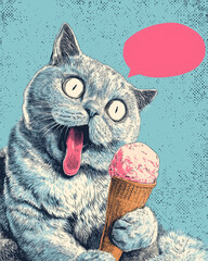 Playful Gray Tabby with Tongue Out Holding Strawberry Scoop in Waffle Cone