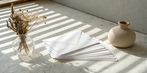 Sunlight streams through blinds casting striped shadows across a table featuring a glass vase with dried flowers and a stack of white envelopes next to a small ceramic vase