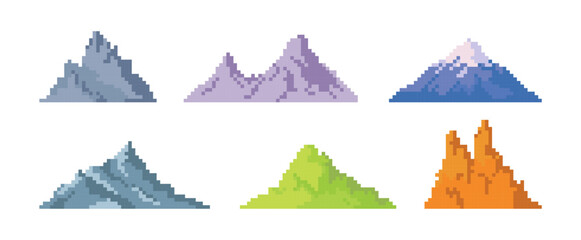 Pixel art of mountain set vector. Pixelated colorful mountain illustration.