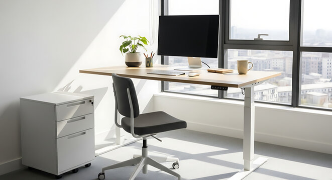Modern ergonomic office workspace with an adjustable height standing desk computer and a sleek gray chair.