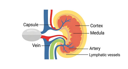Anatomical illustration of a kidney's internal structure, highlighting the renal capsule, cortex, medulla, artery, vein, and lymphatic vessels.