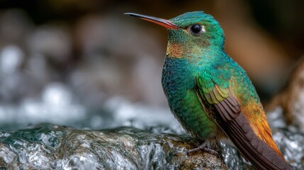 Fototapeta premium Vibrant Green Hummingbird by Water