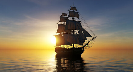 Obraz premium Majestic sailing ship at golden sunset on calm sea.