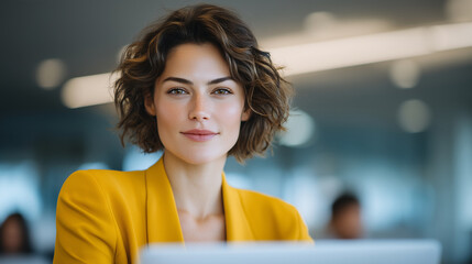 Modern open-plan office with a professional woman in a chic yellow blazer concentrating on her laptop, colleagues collaborating in the background, and a sleek contemporary interior