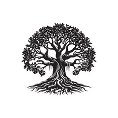 Banyan Tree Silhouette in Black on White Background.