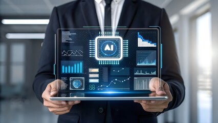 Businessman holding a futuristic tablet displaying artificial intelligence data and charts