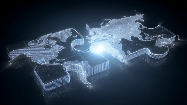 Two glowing digital puzzle pieces of the world map clicking together, symbolizing a global merger.