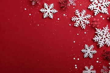 Red background with festive white snowflakes and glitter