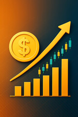 Financial Growth Chart with Dollar Symbol, Candlestick Graphs, and Upward Arrow on Gradient Background