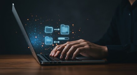 Person typing on laptop with digital file transfer icons and data visualization in the air