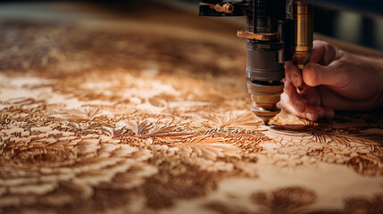 A laser engraver carving intricate designs onto a wooden surface with precision tool