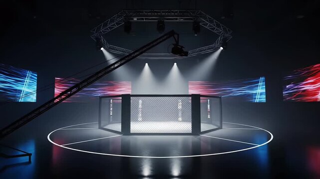 Spotlit octagonal competition cage awaits fighters in a professional sports arena with broadcast camera equipment.