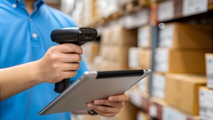 Warehouse worker scans inventory with barcode scanner and tablet