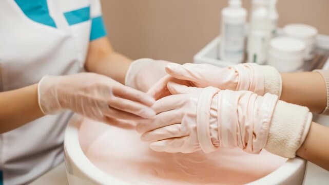 A woman client's hands immersed in a pink liquid paraffin bath for skin treatment at a salon, spa footage.