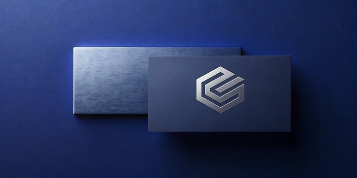 Modern business card mockup featuring a sleek silver geometric logo on a deep blue textured background for professional branding and corporate identity presentation - Powered by Adobe