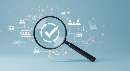 Magnifying glass highlighting quality control and data analysis with various business icons and graphs