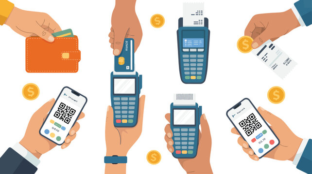 Illustration of various payment methods including cash, card readers, receipts, and QR code transactions, highlighting financial technology