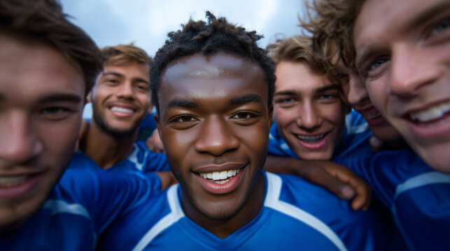 Happy multicultural sports team huddling together before or after a game, vibrant blue uniforms, uplifting energy, camaraderie and friendship, cinematic sports photography