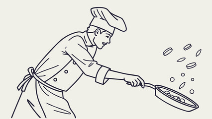 Chef tossing food in a frying pan wearing a chef hat and apron in a black and white line drawing style