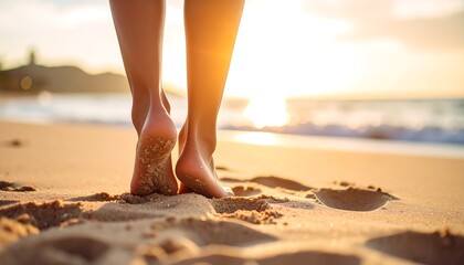 Bare feet on beach at sunset