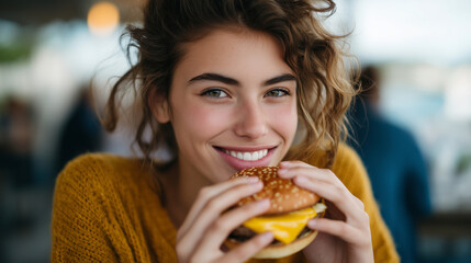Teen girl enjoying a delicious burger, playful smile, outdoor social gathering, trendy casual fashion, warm natural light, candid lifestyle photography