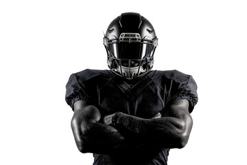 American football player in black with arms crossed in strong posture. PNG