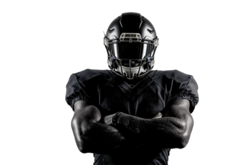 American football player in black with arms crossed in strong posture. PNG