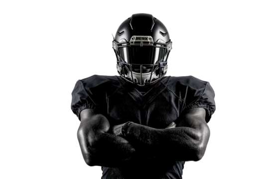 American football player in black with arms crossed in strong posture. PNG