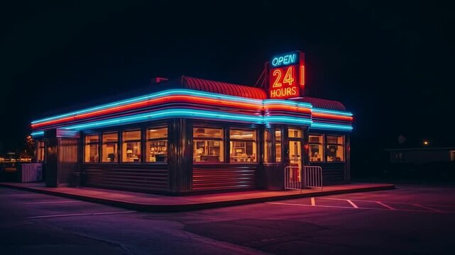 Retro diner exterior at night with neon lights glowing brightly.