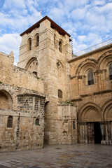 Exterior view of the plaza and main entrance and facade of the Church of the Holy Sepulchre in the Old City of Jerusalem.