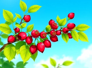 Rosehip branch. Green rosehip branch with red fruits, color drawing