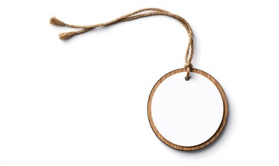 A round, blank tag with a wooden rim and a natural twine cord, lying on a white background. The design is simple, isolated, and ready for customization. It suggests a rustic or natural aesthetic