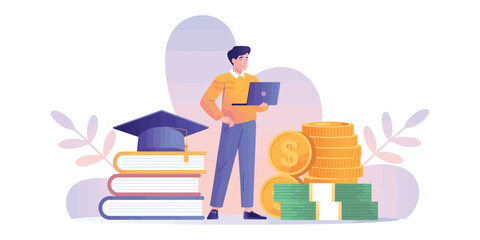 Illustration of person with laptop, books, graduation cap, and money stacks, symbolizing financial planning and investment in education