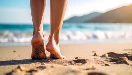 Bare feet on sandy beach, ocean view
