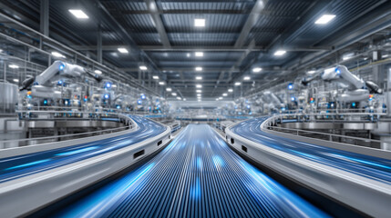 Industrial dairy facility producing fresh cottage cheese, high-tech automation, robotic arms, quality control with AI sensors, clean and sterile environment