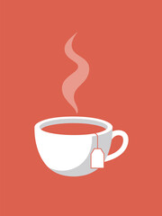 White cup with tea bag and rising steam on red background, symbolizing warmth, relaxation, and hot beverage enjoyment