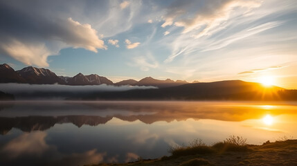 Golden Sunrise Over a Misty Lake with Mountain Reflections