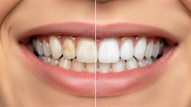 Before and after comparison of a person's smile showing the dramatic results of professional teeth whitening treatment, with one side yellowed and the other side bright white.