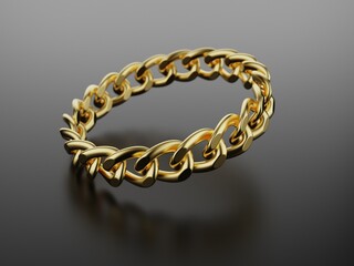 Gold bracelet on a dark background. 
