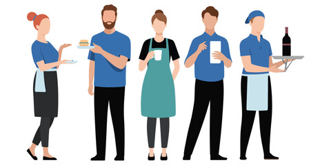 Illustration of five food service workers in uniforms holding trays, cup, and notepad, representing teamwork and hospitality industry roles