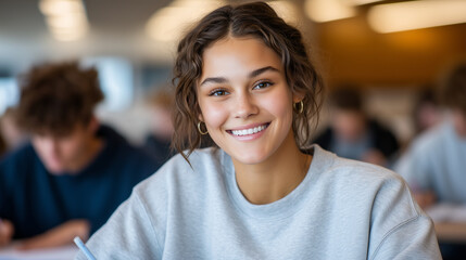 Bright and airy classroom scene with a smiling multiethnic female student taking notes, casual school attire, depth of field effect, authentic learning atmosphere, high detail