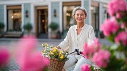 Happy senior woman enjoying a sunny day in the city, pastel blouse, casual trousers, classic bicycle with basket, cobblestone street, lush plants and boutique storefronts in backgr