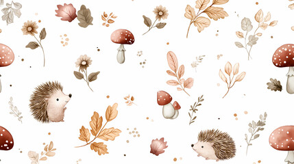 Watercolor clipart of an autumn forest with mushrooms, leaves and hedgehogs on a white background, pastel colors, a simple minimalistic illustration. 
