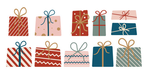 Set of stylized gift boxes in bright wrapping paper tied with ribbons, flat style colorful festive presents vector illustration for holiday and celebration design projects