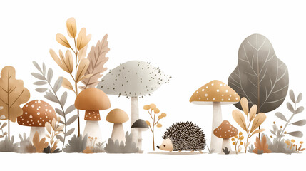Watercolor clipart of an autumn forest with mushrooms, leaves and hedgehogs and copy space in the middle on a white background, pastel colors, a simple minimalistic illustration. 