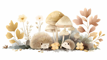 Watercolor clipart of an autumn forest with mushrooms, leaves and hedgehogs on a white background, pastel colors, a simple minimalistic illustration. 