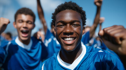 Diverse teenage soccer team in blue jerseys celebrating victory with joy and excitement, fists raised, bright sunny day on outdoor field, unity and friendship