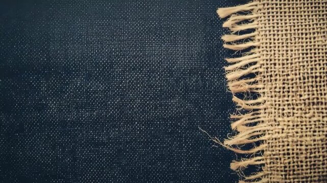 Close-up of textured dark denim fabric with frayed edge showcasing rugged material for fashion and textile background video